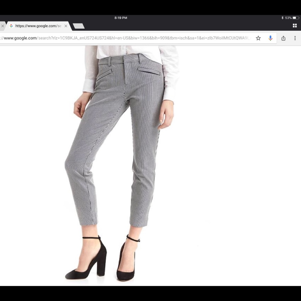 navy and white striped skinny ankle pants